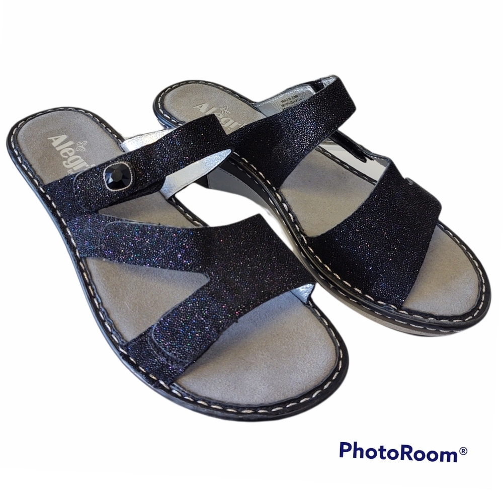 Alegria Loti Glitteroti Sandals Black Wedge Slide Sz 9 - Picture 10 of 10